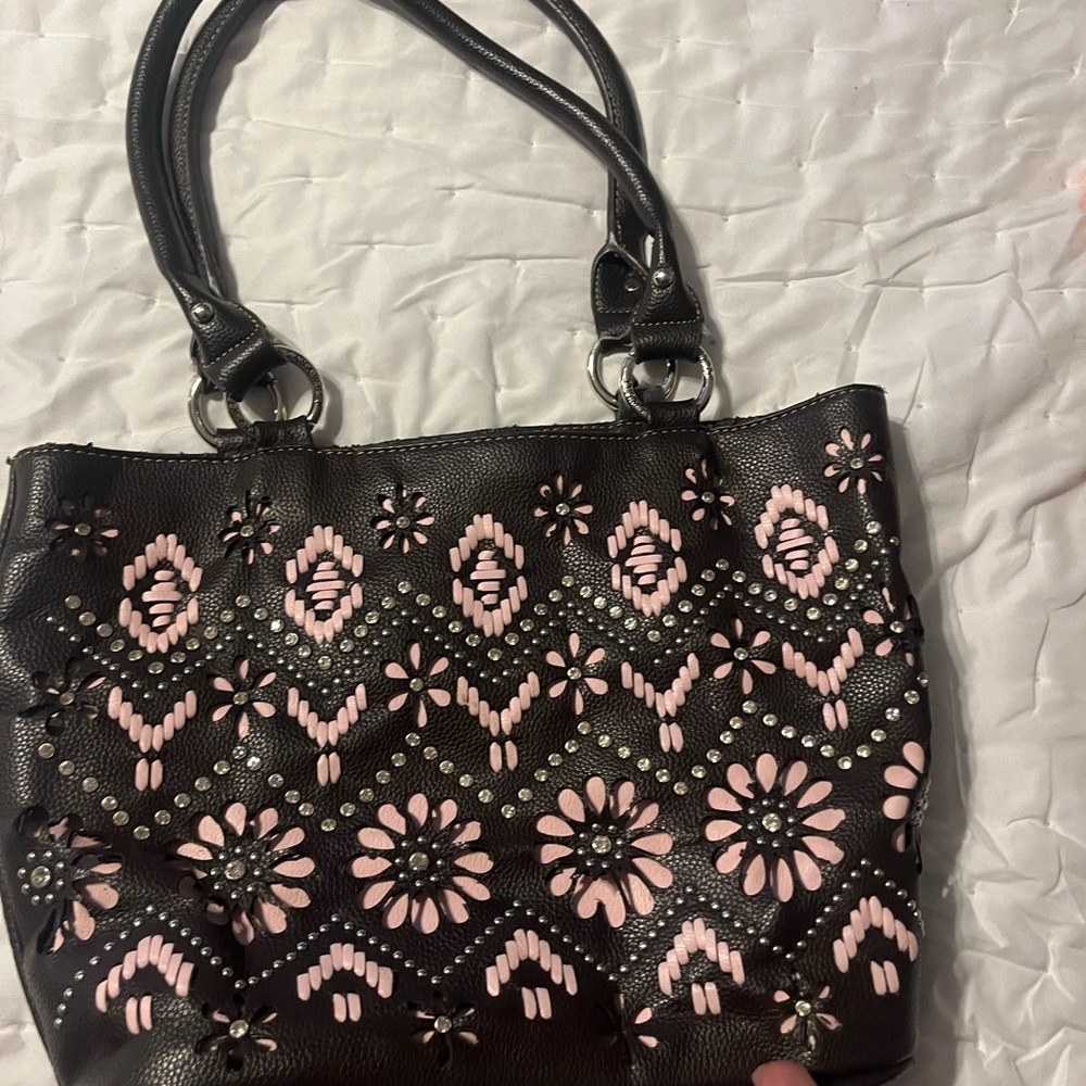 Montana West Black and Pink Shoulder Bag with Geometric Floral Design